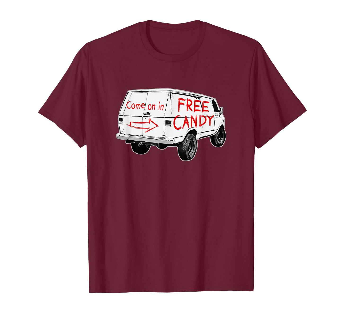 Redds Threads Unisex-Adults T-Shirt - Free Candy - Come On In - Creepy Van - Black - Small - Short Sleeve - Modern - Humorous Design