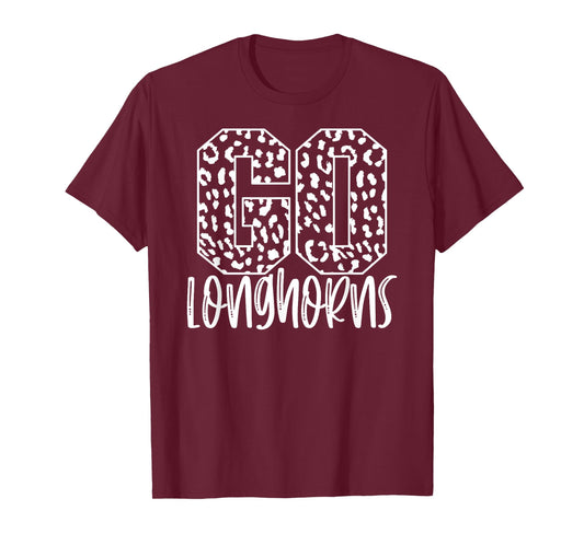 Longhorns Team Mascot School Spirit Game Night Leopard Print T-Shirt
