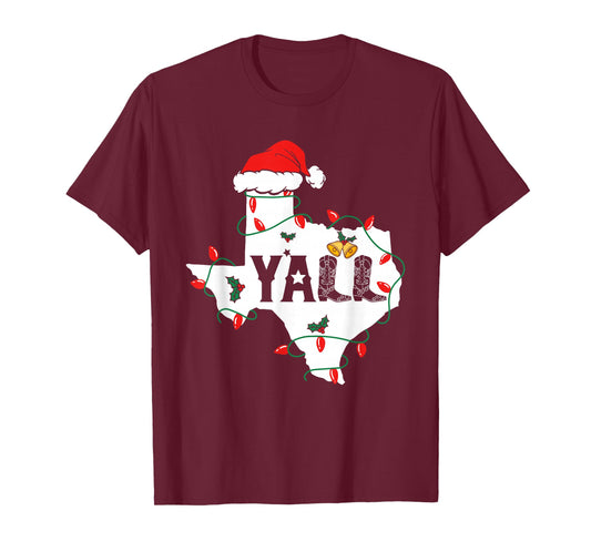 Merry Christmas Y'all Texas Map Santa Hat Lights T-Shirt