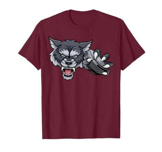 Wolf Cartoon Sports Wolves Team Mascot Holding Hockey Puck T-Shirt