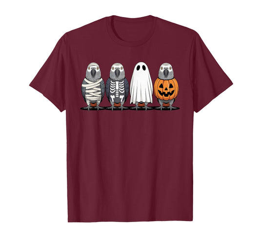 Spooky Ghost African Grey Parrot Pumpkin Halloween Skeleton T-Shirt