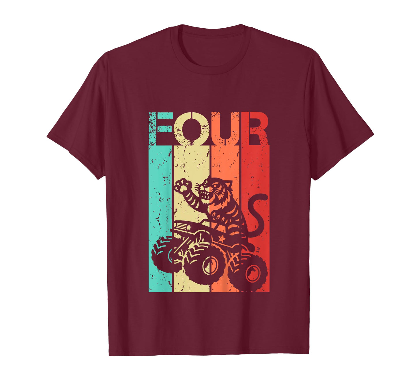 Kids 4th Birthday Boy Girl 4 Year Old Tiger And Monster Truck T-Shirt