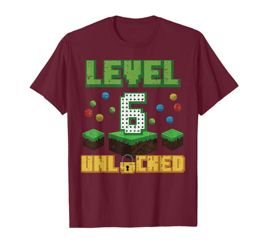 Level 6 Unlocked Pixel Gamer 6th Birthday Gaming Boys Kids T-Shirt