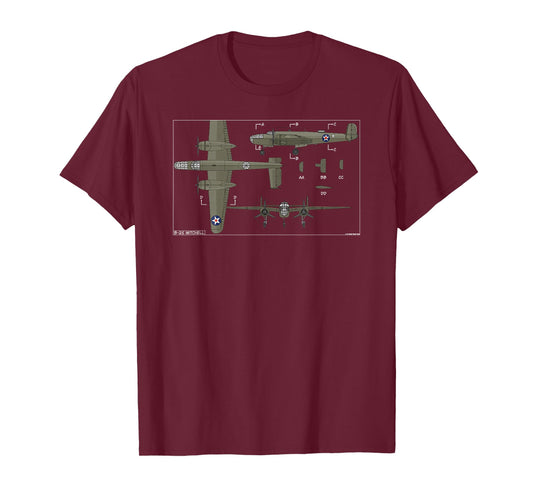 B-25 Mitchell American WW2 Bomber Plane Color Diagram T-Shirt