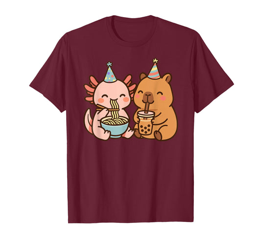 Birthday Capybara Axolotl Kawaii Anime Bubble Boba Tea Ramen T-Shirt