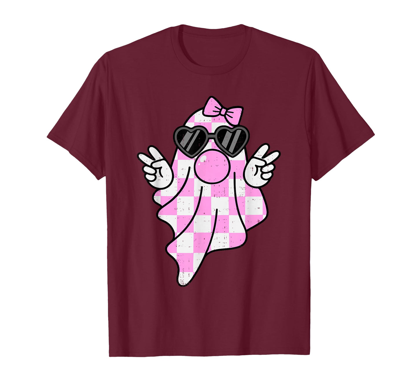 Cute Pink Plaid Ghost Bubblegum Peace Sign Halloween Girl T-Shirt