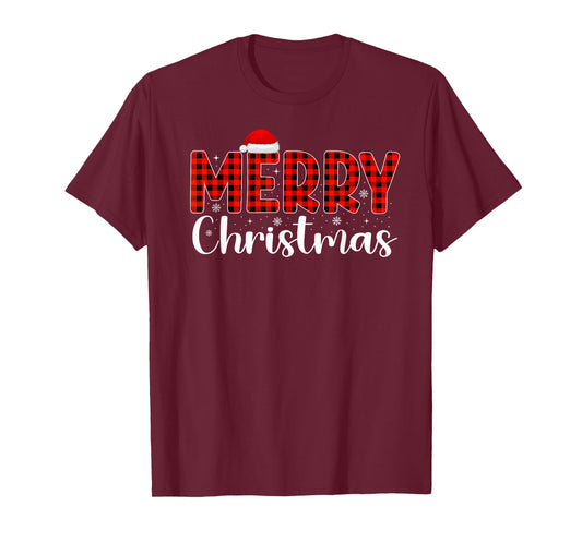 Merry Christmas Buffalo Plaid Red Santa Hat Xmas Pajamas T-Shirt