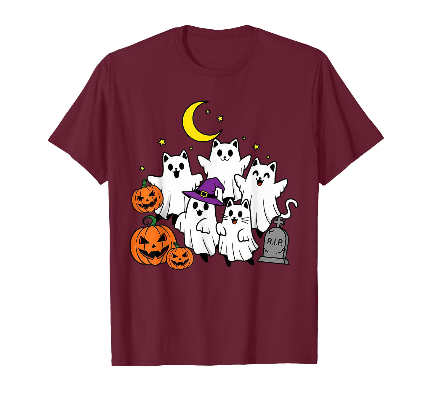 Cute Ghost Cats and Pumpkins Graveyard Fun Halloween Costume T-Shirt