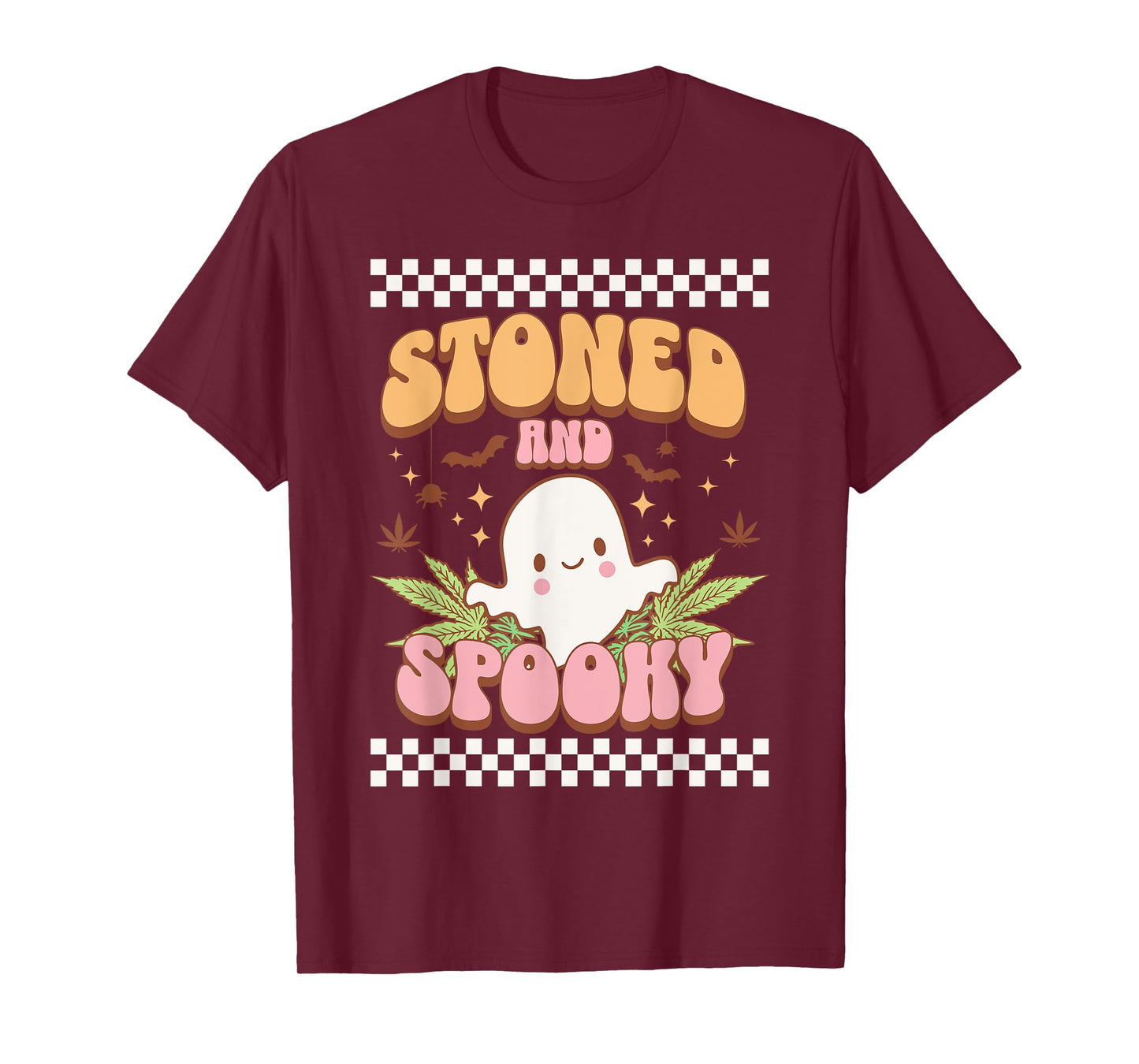 Retro Stoned and Spooky Ghost Weed Leaf Cannabis Halloween T-Shirt