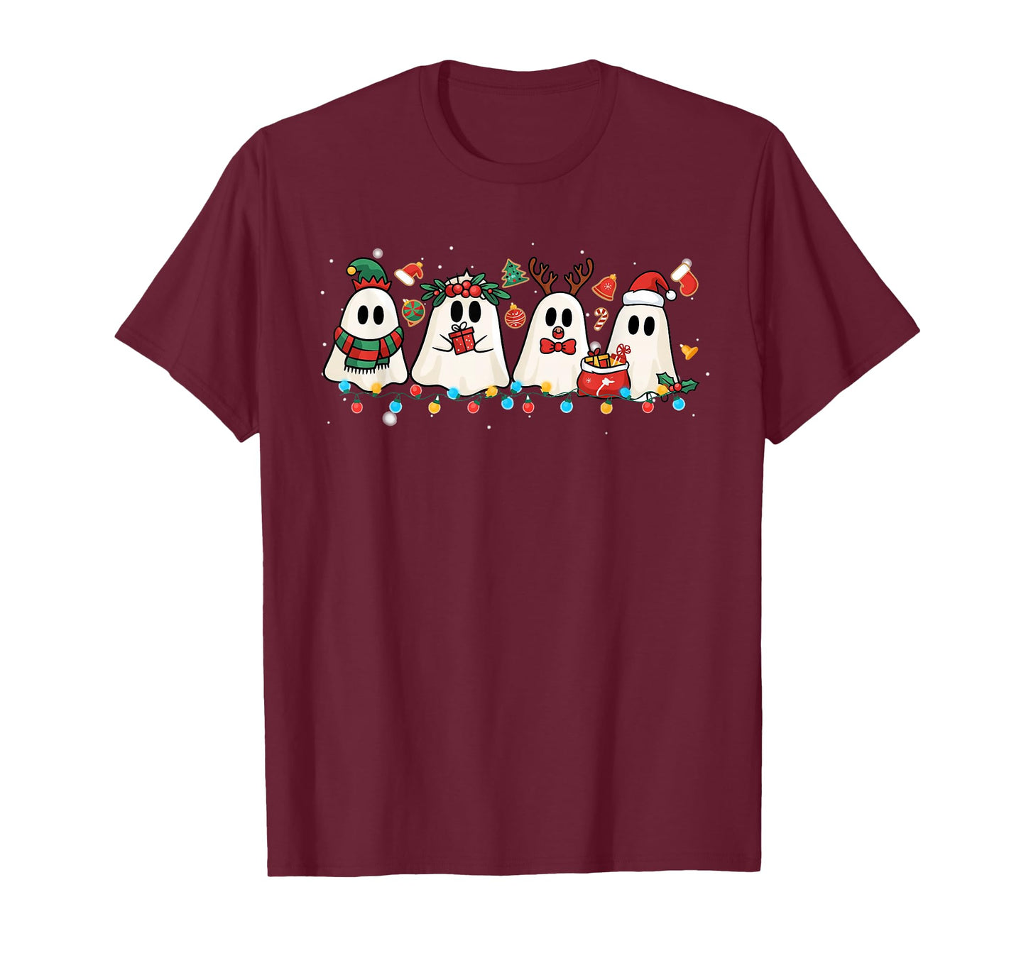 Cute Ghost Lights Tree Cake Merry Christmas Funny Xmas T-Shirt