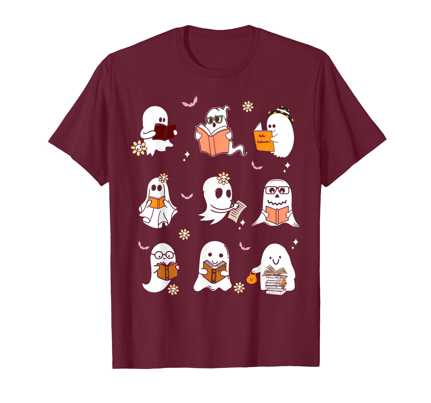 Ghosts Reading Books Teacher Halloween Librarian Boooks Men Women Kids T-Shirt