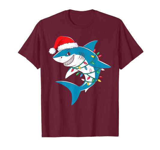 Shark Christmas Lights Santa Hat Xmas Pajama Boys Girls Kids T-Shirt