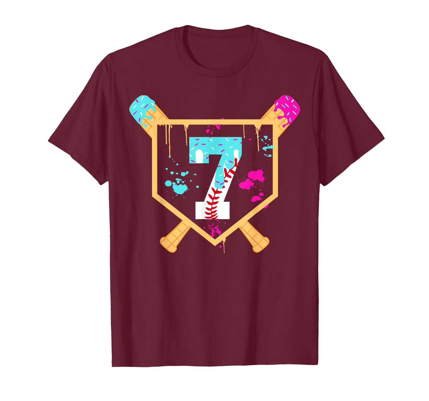 Baseball 7 Year Old Ice Cream Drip 7th Birthday Boy 7 T-Shirt