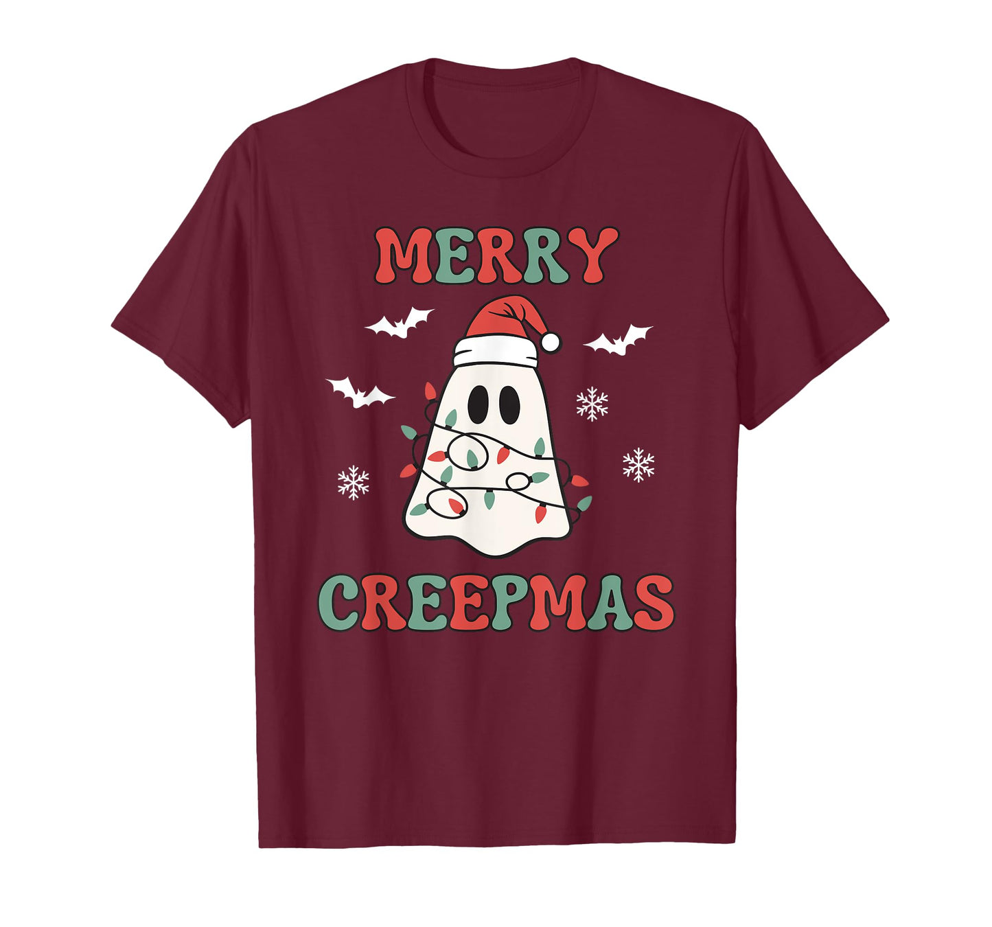 Merry Creepmas Christmas Ghost Wrapped in Lights Cute Kawaii T-Shirt