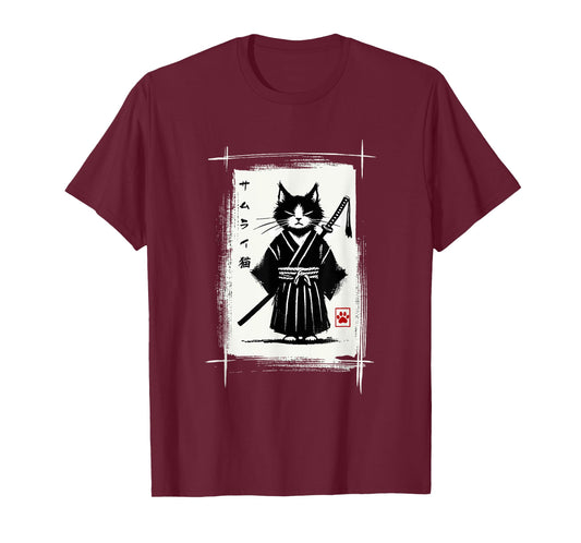 Samurai Cat Japanese Art Sumi-e Novelty Kawaii Funny Cat T-Shirt