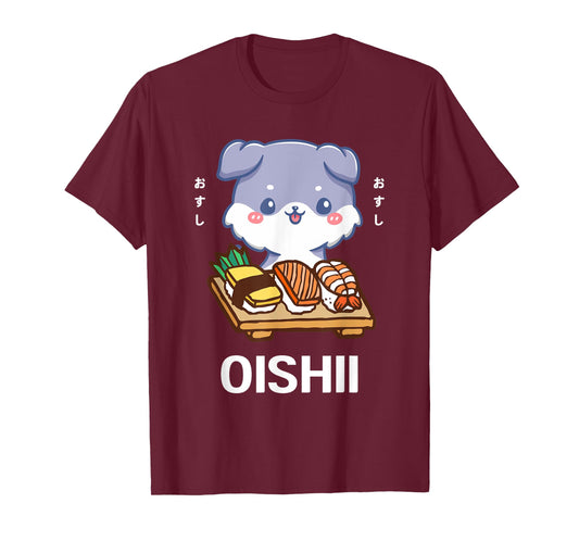 Cute Kawaii Dog Puppy Eats Sushi Japanese Food Lover Otaku T-Shirt for Men Women Girls Kids