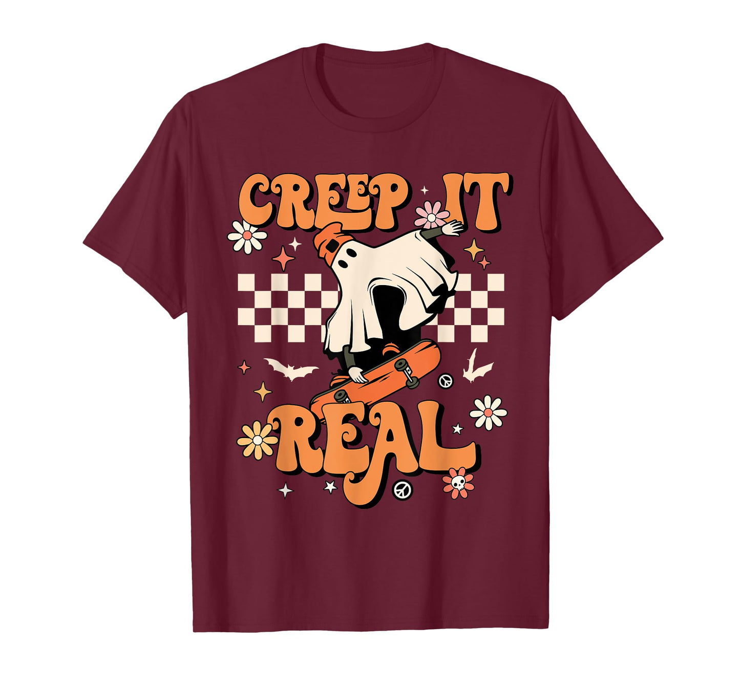 Creep It Real Retro Halloween Party Funny Ghost Skateboard T-Shirt