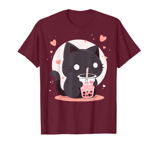 Kawaii Black Cat Boba Cute Japan Anime Bubble Tea Neko Teen T-Shirt for Men Women