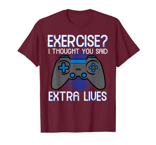 Gamer Exercise Thought Extra Lives Funny Gaming Men Boys Kid T-Shirt