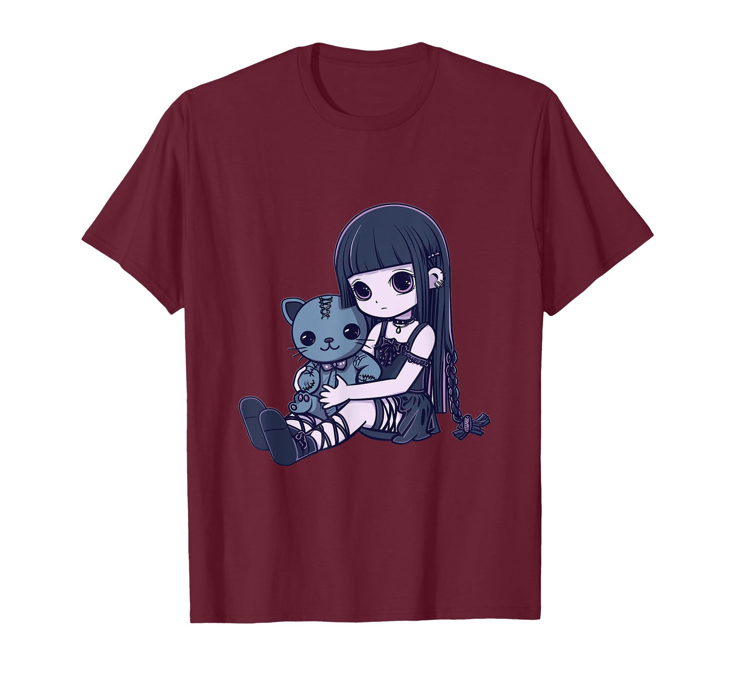 Goth Pastel Kawaii Anime Girl with Voodoo doll Teddy Cat T-Shirt