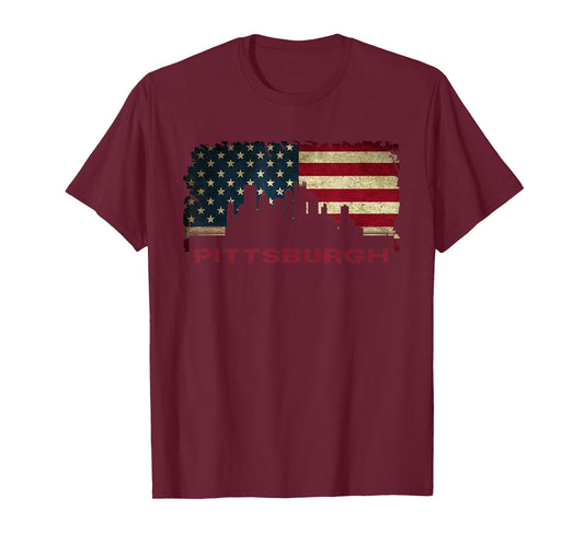 Pittsburgh City Skyline Art USA Flag Steel City American T-Shirt