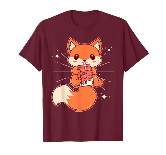 Cute Kawaii Fox Drinking Strawberry Milk Anime T-Shirt