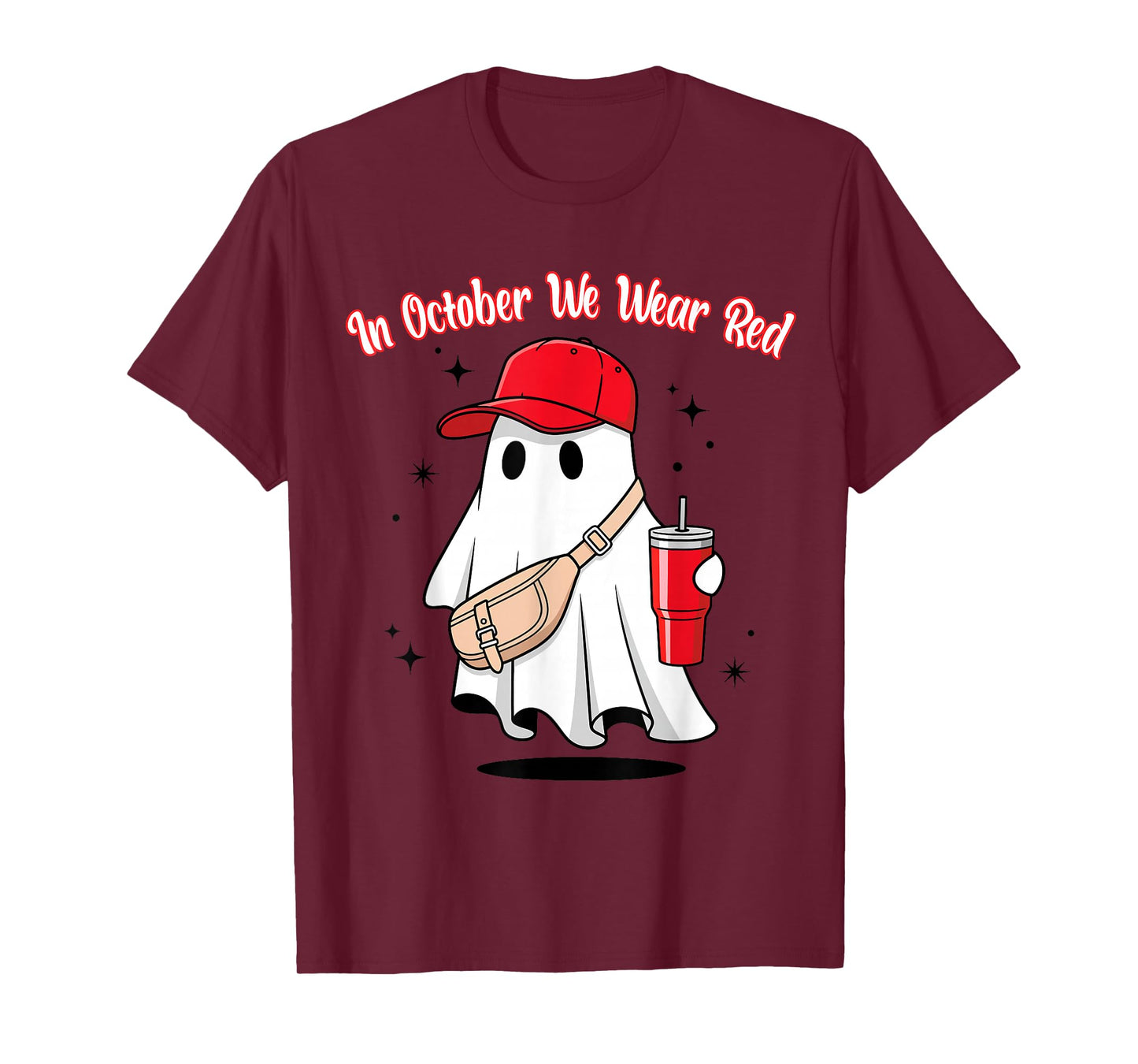 in October We Wear Red October Funny Ghost with Baseball Hat T-Shirt