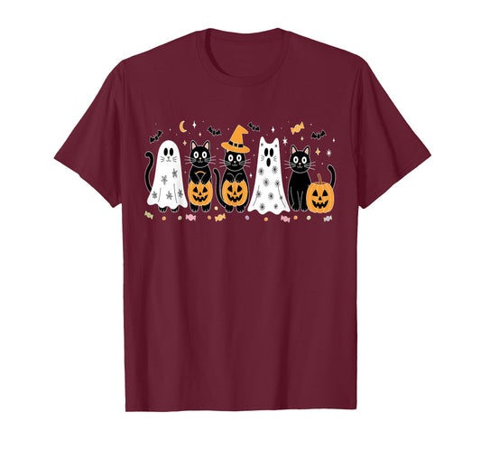 Cute Black Cats in Ghost Costume Women and Men Halloween T-Shirt