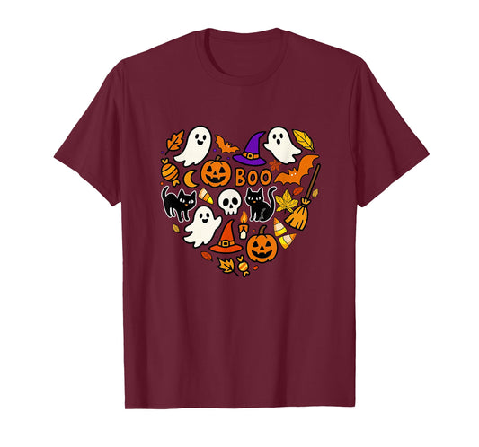 Group Cats Boo Ghosts Candy Corns Halloween Heart Shape T-Shirt