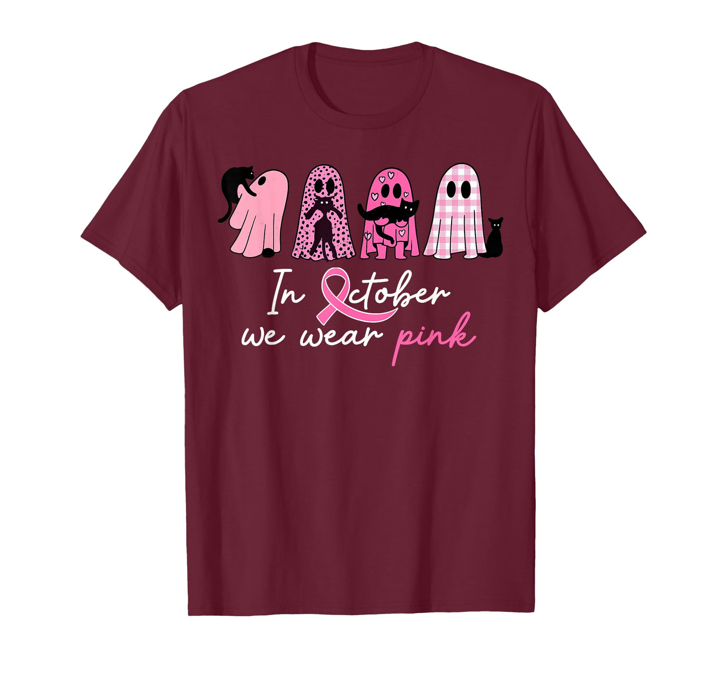 in October We Wear Pink Pumpkin Cat Breast Cancer Awareness T-Shirt