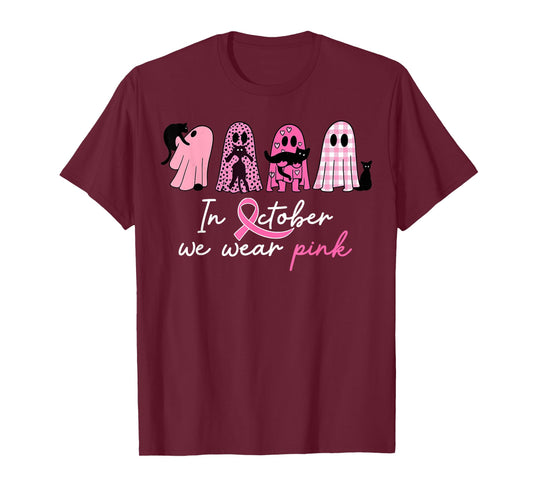 in October We Wear Pink Pumpkin Cat Breast Cancer Awareness T-Shirt