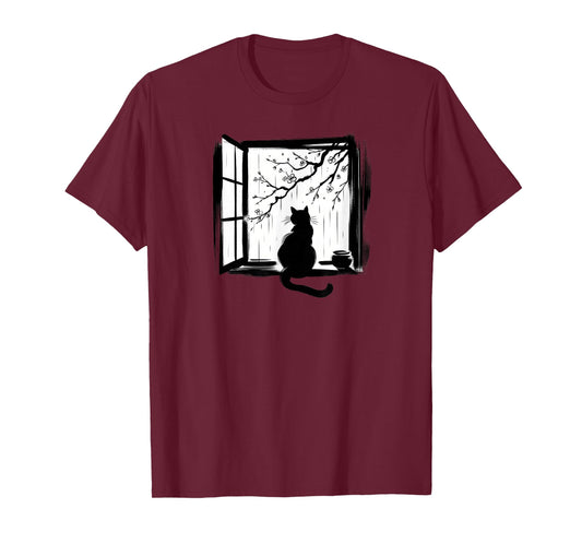Sumi-e Japanese Art, Cat at Window T-Shirt
