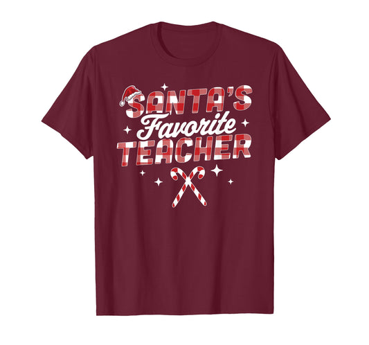 Santa's Favorite Teacher Christmas Santa Hat Candy Cane Xmas T-Shirt