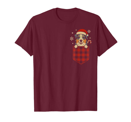 Funny Australian Shepherd Christmas Dog Pocket Aussie Santa T-Shirt