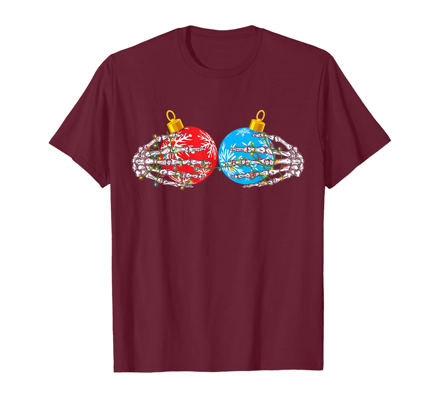 Skeleton Hands On Chest Boobs Christmas Lights Ornament Xmas T-Shirt
