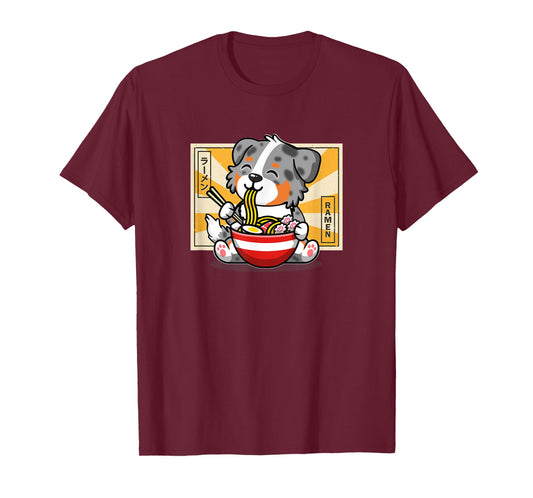 Funny Kawaii Kids Ramen Blue Merle Australian Shepherd Lover T-Shirt