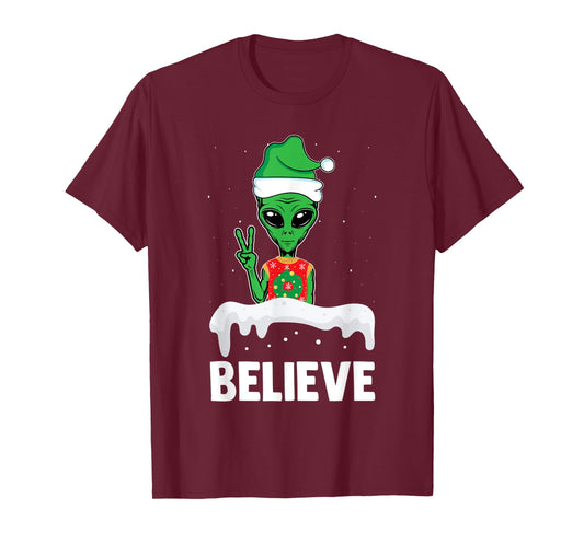 Christmas Alien Believe Elf Hat Holiday UFO Ugly Xmas T-Shirt