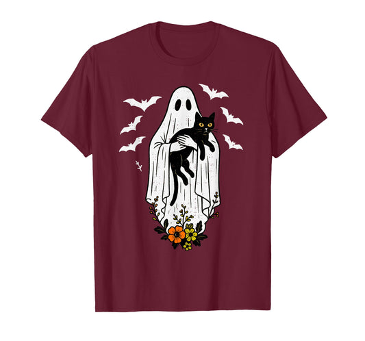 Vintage Ghost Holding Cat Halloween Kitty Meow Cat Lover T-Shirt
