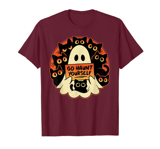 Go Haunt Yourself Funny Rude Cursing Ghost Black Cat T-Shirt