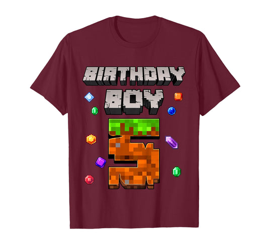 Kids 5th Birthday Boy 5 Video Gamer Pixel Number Five Bday Party T-Shirt