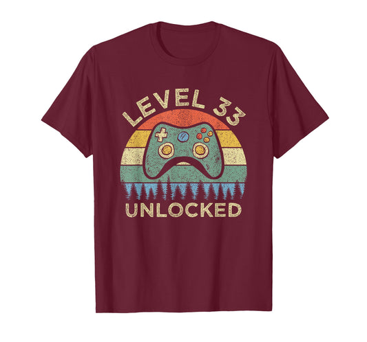 Level 33 Unlocked Video Gamer Retro 33rd Birthday Gift T-Shirt