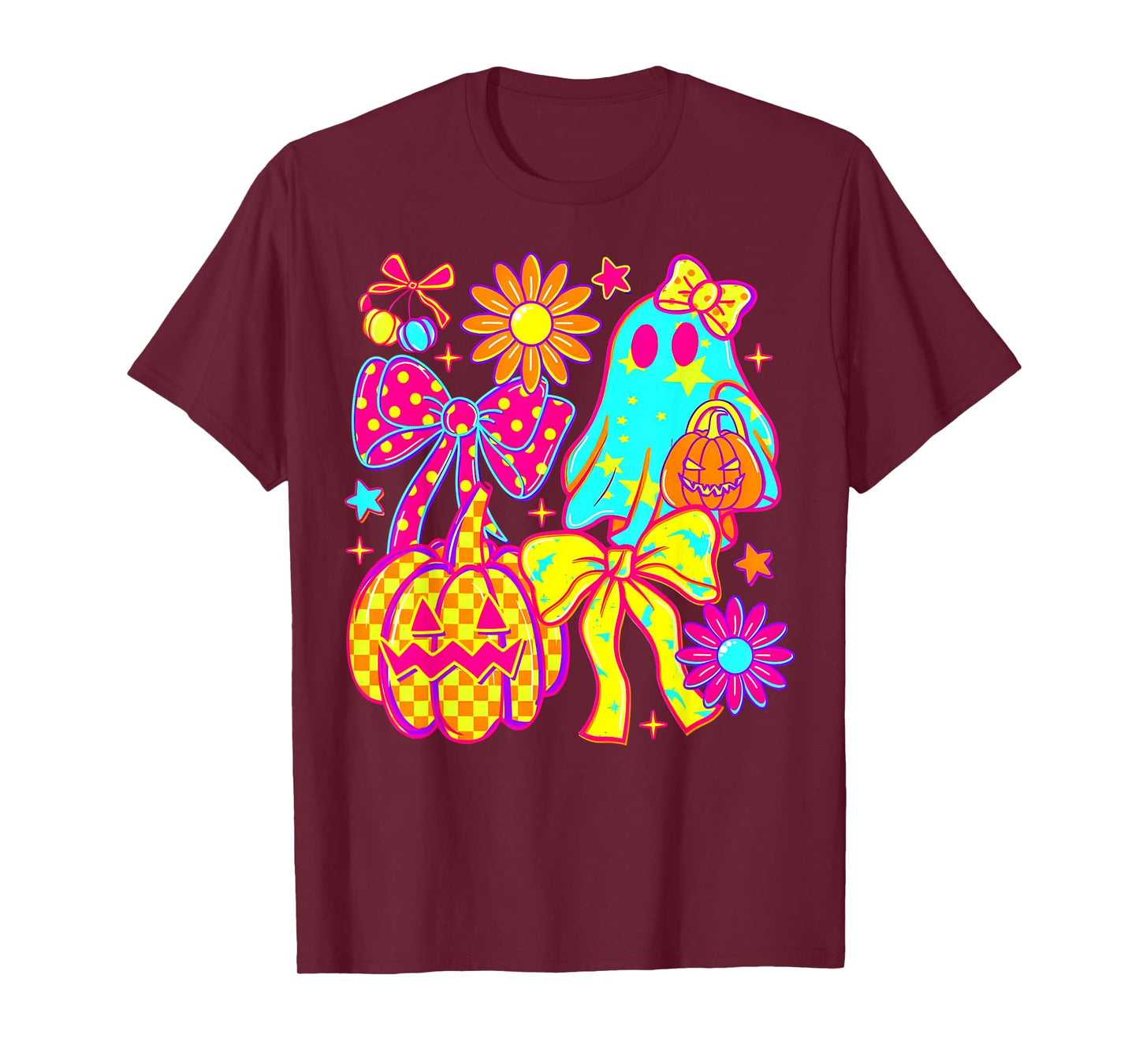 Coquette Bow Ghost Pumpkin Floral Halloween Colorful Women T-Shirt