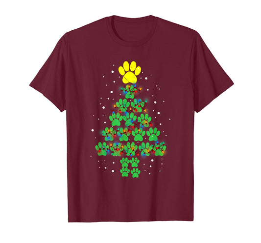 Paw Print Merry Christmas Tree Lights Dog or Cat Meow Xmas T-Shirt