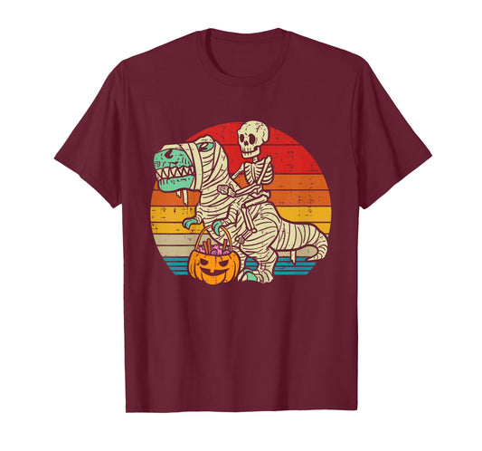 Kids Skeleton Riding Dino Mummy Retro Toddler Boys Halloween Kids T-Shirt