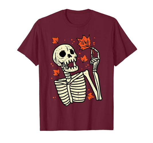 Skeleton Maple Leaf Skull Retro Vintage Halloween Fall Women T-Shirt