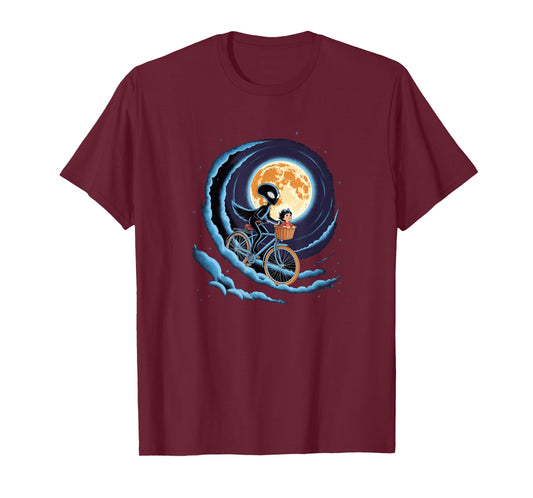 Alien & Kid Flying Bike - Retro Moon Ride Graphic T-Shirt