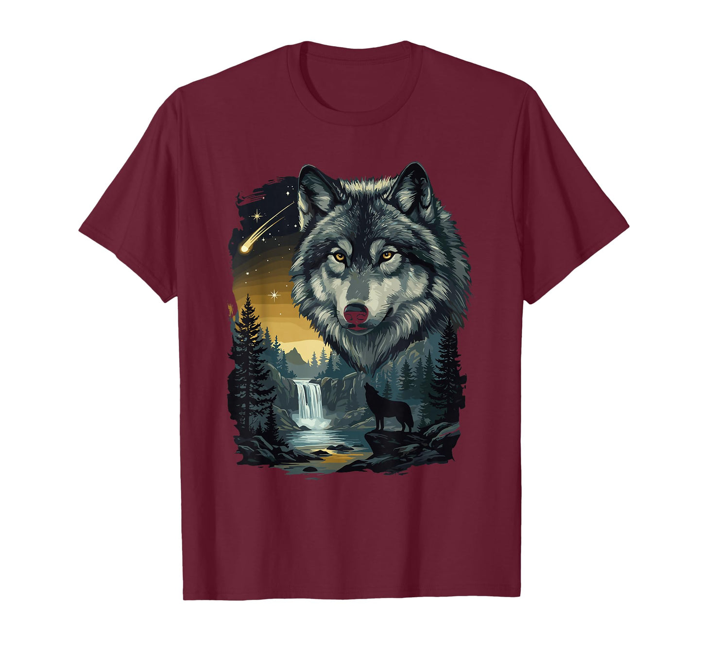 Howling Wolf Waterfall Scene for Nature Lovers and Gifts T-Shirt
