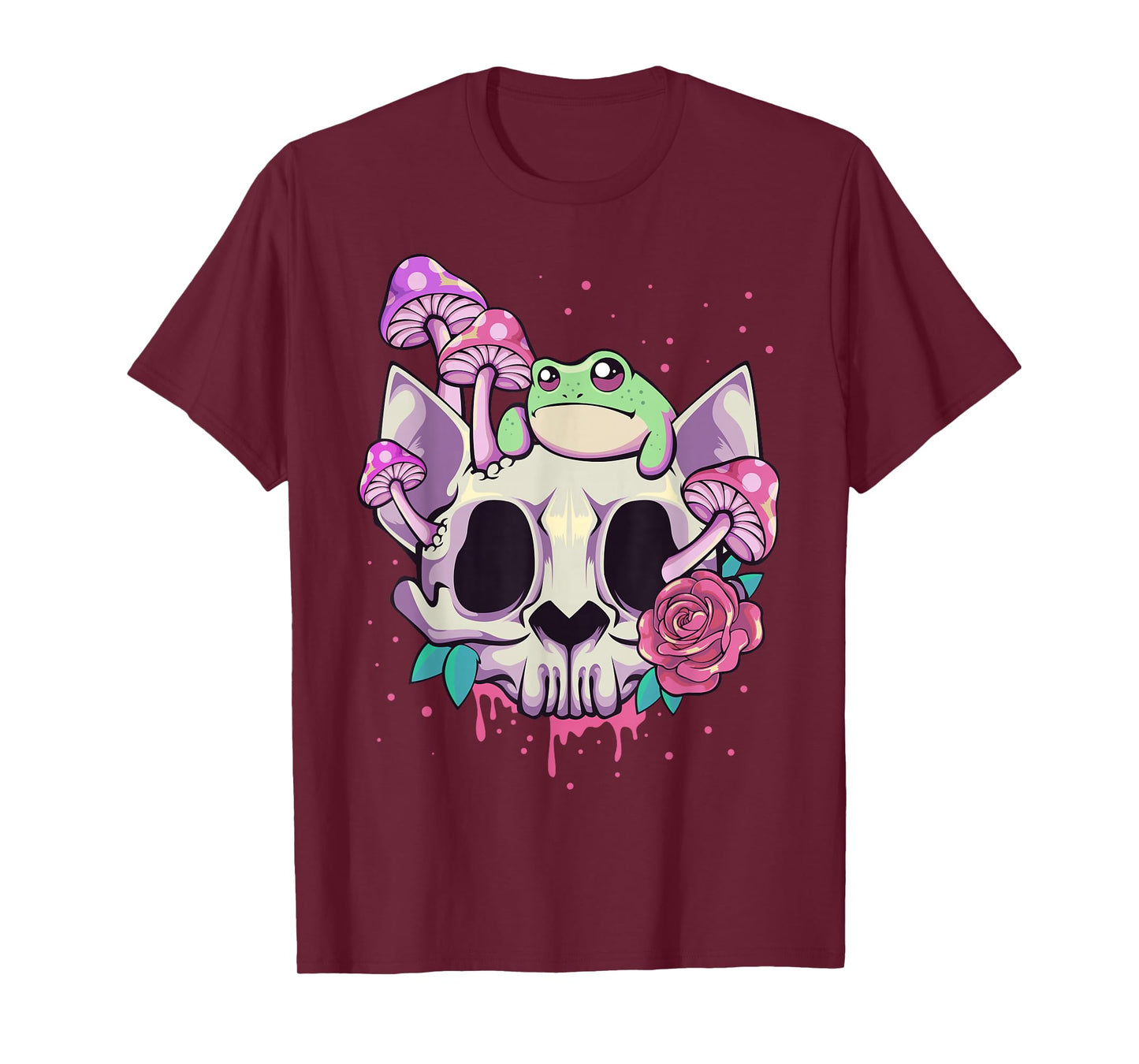 Pastel Goth Kawaii Frog On A Cat Skull with Mushroom T-Shirt