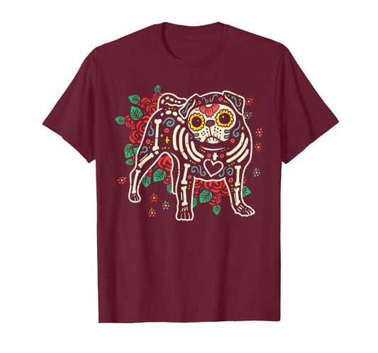 Sugar Skull Pug Dia De Los Muertos Halloween Dog Mexican T-Shirt