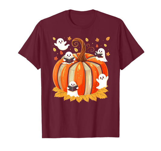 Fall Book Pumpkin Books Ghost Reading Halloween Teacher T-Shirt